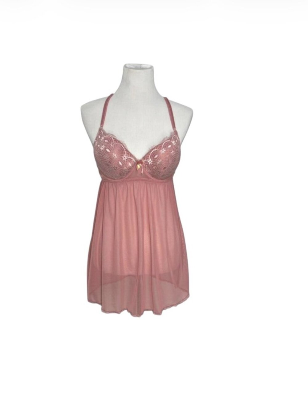 Jessica Simpson Dusty Pink Babydoll Chemise Lingerie Top Crochet Mesh Size Large